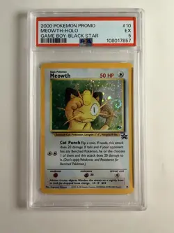 2000 Pokemon Promo Meowth Holo Game Boy Black Star With Swirl PSA 5 - Image 1