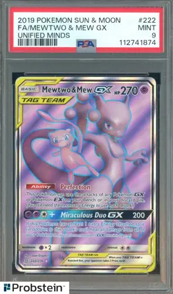 2019 Pokemon JPN S & M Unified Minds Tag Team #222 Mewtwo Mew Gx FA PSA 9 - Image 1