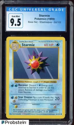 1999 Pokemon TCG Base Set Shadowless #64 Starmie CGC 9.5 GEM MINT - Image 1
