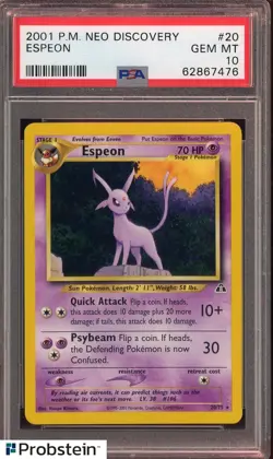 2001 Pokemon TCG Neo Discovery #20 Espeon PSA 10 GEM MINT - Image 1