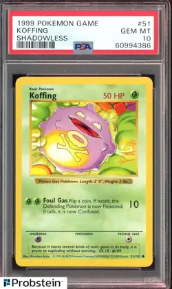 1999 Pokemon TCG Shadowless #51 Koffing PSA 10 GEM MINT - Image 1