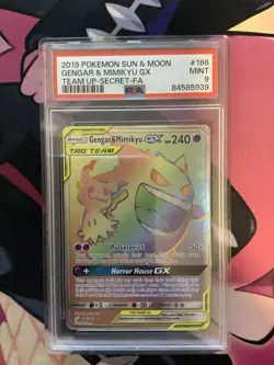 2019 POKEMON SUN & MOON TEAM UP SECRET #186 FULL ART/GENGAR & MIMIKYU GX PSA 9 - Image 1