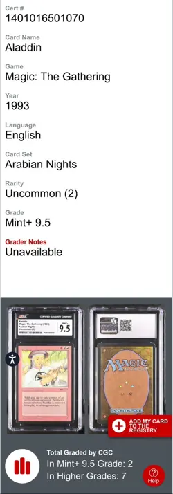 1993 MTG Arabian Nights Aladdin CGC 9.5 MINT+ - Image 3