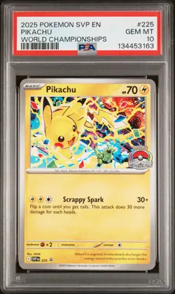 2025 POKEMON SVP EN-SV BLACK STAR PROMO WORLD CHAMPIONSHIPS #225 PIKACHU PSA 10 - Image 1