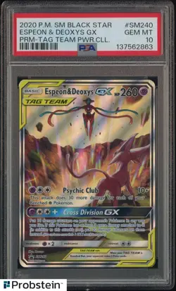 2020 Pokemon SM Black Star Prm Tag Team Pwr Cll #SM240 Espeon & Deoxys Gx PSA 10 - Image 1