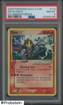 2005 Pokemon Entei Gold Star Holo EX Unseen Forces 113/115 PSA 8 NM-MT - Image 1