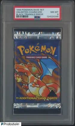 1999 Pokemon Base Set Black Triangle Error Unlimited Charizard Pack Sealed PSA 8 - Image 1