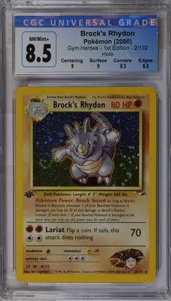 Pokemon CGC 8.5 Brock's Rhydon Gym Heroes 1st Edition Holo SWIRL 9/9/8.5/8.5 - Image 1