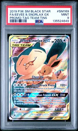 2019 POKEMON SM BLACK STAR PROMO TAG TEAM TINS FULL ART/EEVEE & SNORLAX GX PSA 9 - Image 1