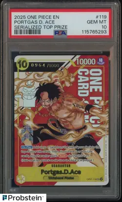 2025 One Piece EN Serialized Top Prize #OP07-119 Portgas D. Ace 0964/1000 PSA 10 - Image 1