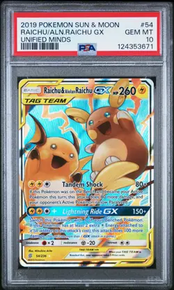 2019 POKEMON SUN & MOON UNIFIED MINDS #54 RAICHU & ALOLAN RAICHU GX PSA 10 - Image 1