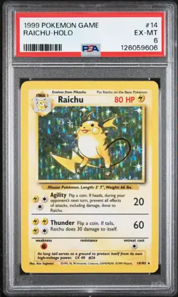 1999 POKEMON BASE SET UNLIMITED #14 RAICHU-HOLO PSA 6 - Image 1