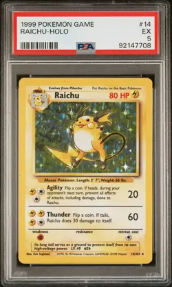 1999 POKEMON BASE SET UNLIMITED #14 RAICHU-HOLO PSA 5 - Image 1