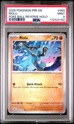 2025 POKEMON PRE EN-PRISMATIC EVOLUTIONS POKE BALL REVERSE HOLO #050 RIOLU PSA 9 - Image 1