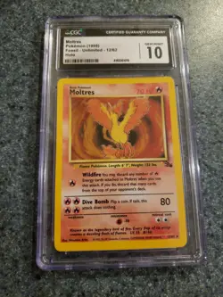 1999 Pokemon Card Fossil Moltres #12 Unlimited Holo Gem Mint CGC 10 - Image 1