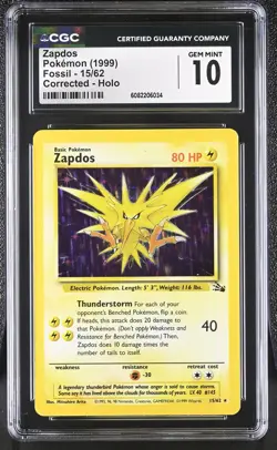 CGC 10 GEM MINT Zapdos 1999 Fossil 15/62 Holo Pokemon Card - Image 1