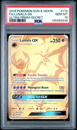 2018 POKEMON SUN & MOON ULTRA PRISM SECRET #172 FULL ART/LUNALA GX PSA 10 - Image 1