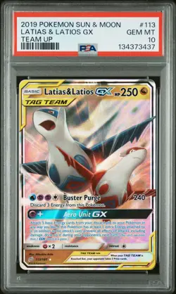 2019 POKEMON SUN & MOON TEAM UP #113 LATIAS & LATIOS GX PSA 10 - Image 1