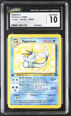CGC 10 GEM MINT Vaporeon 1st Edition 1999 Jungle 28/64 Pokemon - Image 1