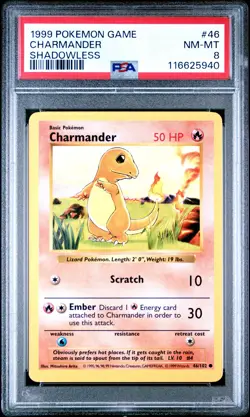 1999 POKEMON BASE SET SHADOWLESS #46 CHARMANDER PSA 8 - Image 1
