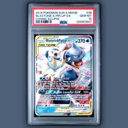 2019 Pokemon Sun & Moon Cosmic Eclipse Blastoise & Piplup GX #38 PSA 10 - Image 1