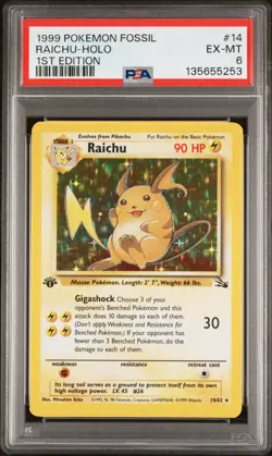 1999 POKEMON FOSSIL 1ST EDITION #14 RAICHU-HOLO PSA 6 - Image 1