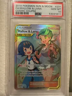 2019 POKEMON SUN & MOON COSMIC ECLIPSE #231 FULL ART/MALLOW & LANA PSA 10 - Image 1