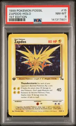1999 POKEMON FOSSIL 1ST ED #15 ZAPDOS-HOLO PSA 8 - Image 1