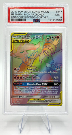 2019 Pokemon S&M Unbroken Bonds Reshiram & Charizard GX #217 | TAG TEAM | PSA 9 - Image 1