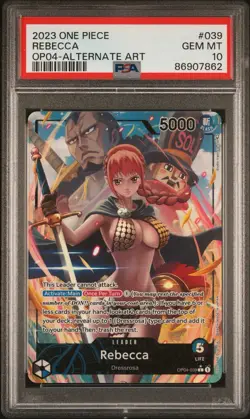 One Piece Kingdoms Of Intrigue Rebecca OP04-039 Leader Alt Art PSA 10 English - Image 1