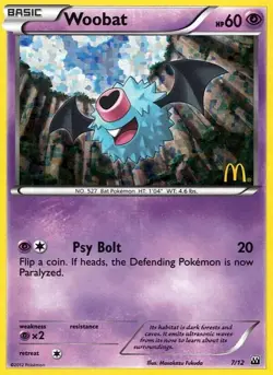 Woobat 7/12 Holo McDonald's Promo 2012 Pokemon Card LP - Image 1