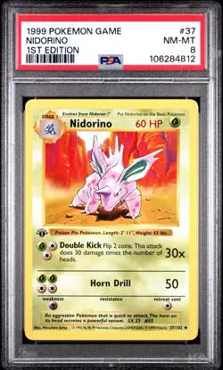 PSA 8 - Pokemon Card - Base 37/102 - NIDORINO (uncommon) *1st Edition* - NM-MT - Image 1