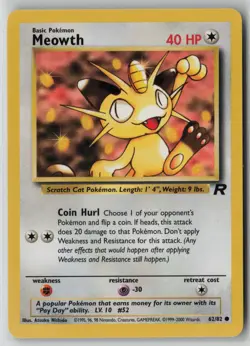 Meowth 62/82 Pokemon TCG Team Rocket Regular WOTC Card Vintage (Moderate Play)1 - Image 1