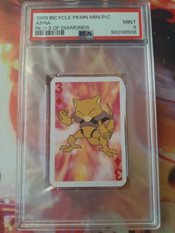 1999 Pokemon Abra 3 of Diamonds Bicycle Mini Poker Playing Card PSA 9 Mint - Image 1