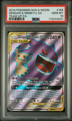 PSA 10 GENGAR & MIMIKYU GX 2019 POKEMON SUN & MOON TEAM UP #164 FULL ART - Image 1