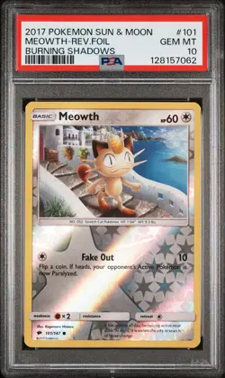 2017 POKEMON SUN & MOON BURNING SHADOWS #101 MEOWTH-REVERSE FOIL PSA 10 - Image 1