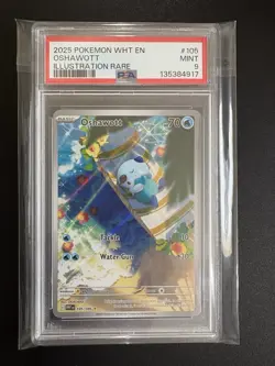 Oshawott Illustration Rare PSA Mint 9 White Flare 2025 Graded Pokemon Card - Image 1