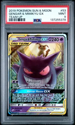 2019 POKEMON SUN & MOON TEAM UP #53 GENGAR & MIMIKYU GX PSA 9 - Image 1