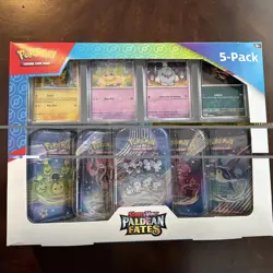 Pokemon Scarlet & Violet Paldean Fates 5 Mini Tins w/ 4 Promos Costco Bundle - Image 1