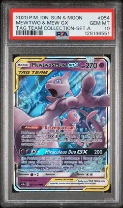 2020 Indonesian Pokemon Tag Team Collection #54 Mewtwo & Mew GX PSA 10 Gem Mint - Image 1