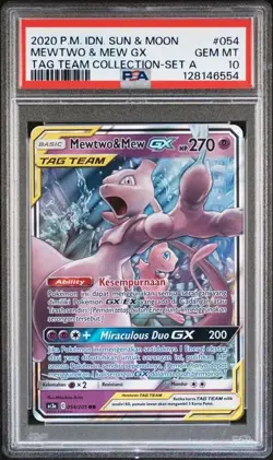 2020 Indonesian Pokemon Tag Team Collection #54 Mewtwo & Mew GX PSA 10 Gem Mint - Image 1