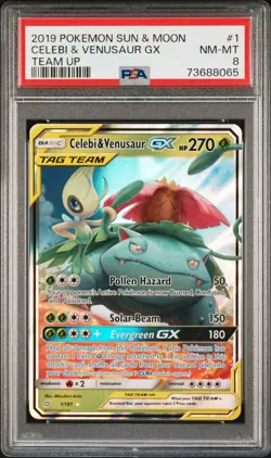 Celebi & Venusaur Gx Pokemon Sun & Moon Team Up 1 NM PSA 8 - Image 1