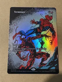 mtg borderless foil Terminate full art card, Marvel Spiderman set, unplayed - Image 1