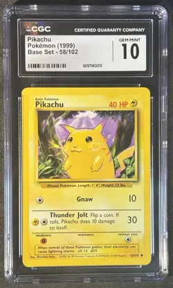 Pokemon TCG Pikachu 58/102 Base Set 1999 Vintage WOTC CGC Gem Mint 10 - Image 1