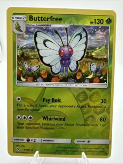 Pokemon Butterfree 3/149 Sun Moon Reverse Holo (miscut) L/R line up dot visible - Image 1