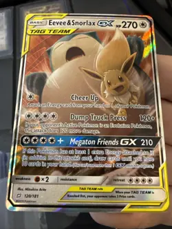 Pokemon Eevee Snorlax GX TCG Card 120/181 Sun and Moon Team Up Tag Team L - Image 1