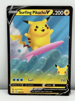 Pokemon TCG Surfing Pikachu v Celebrations Holo Ultra Rare Card 008/025 - Image 1
