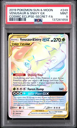 2019 POKEMON SUN & MOON COSMIC ECLIPSE SECRET FULL ART/VENUSAUR & SNIVY GX PSA 9 - Image 1