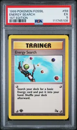 1999 POKEMON FOSSIL 1ST ED #59 ENERGY SEARCH PSA 5 - Image 1