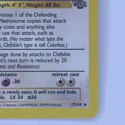 Clefable Jungle Set 17/64 Rare Non Holo Pokemon Card Excellent 1999 LP - Image 5